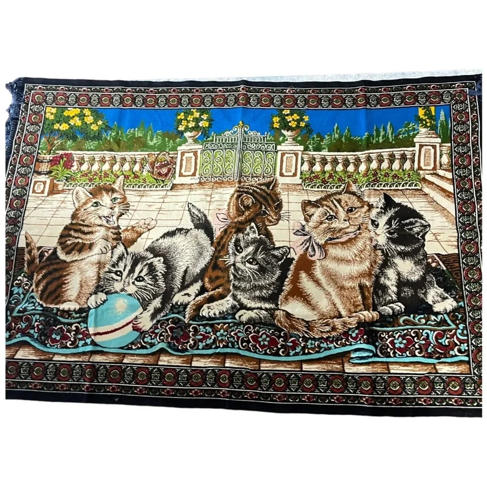 Tapestry Wall Hanging Made in Turkey 39 X 57 In Cotton Vtg Cats Playing Patio L